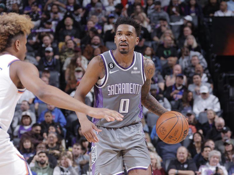 SACRAMENTO, CA - MARCH 9: Malik Monk #0 of the Sacramento Kings dribbles the ball during the game against the New York Knicks on March 9, 2023 at Golden 1 Center in Sacramento, California. NOTE TO USER: User expressly acknowledges and agrees that, by downloading and or using this Photograph, user is consenting to the terms and conditions of the Getty Images License Agreement. Mandatory Copyright Notice: Copyright 2023 NBAE (Photo by Rocky Widner/NBAE via Getty Images)