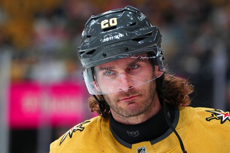 Apr 1, 2025; Las Vegas, Nevada, USA; Vegas Golden Knights left wing Brandon Saad (20) warms up before a game against the Edmonton Oilers at T-Mobile Arena. Mandatory Credit: Stephen R. Sylvanie-Imagn Images