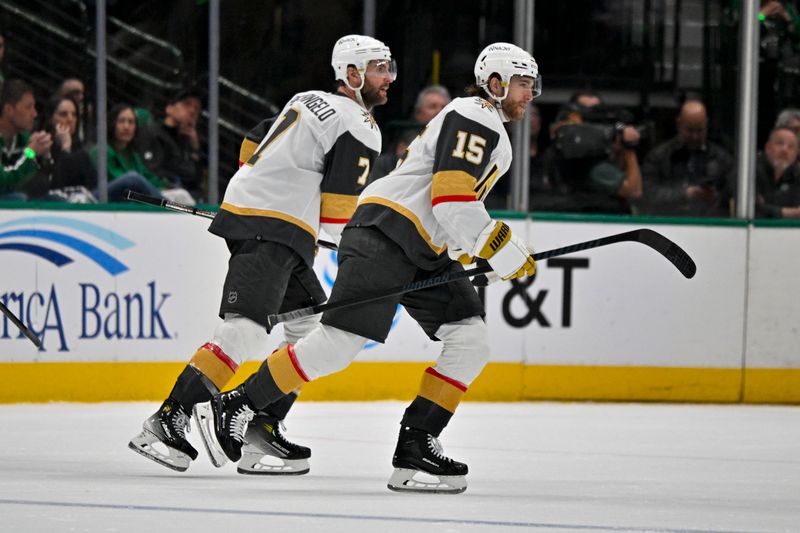 Apr 24, 2024; Dallas, Texas, USA; Vegas Golden Knights defenseman Alex Pietrangelo (7) and defenseman Noah Hanifin (15) skate of the ice after Hanifin scores against the Dallas Stars during the second period in game two of the first round of the 2024 Stanley Cup Playoffs at American Airlines Center. Mandatory Credit: Jerome Miron-USA TODAY Sports