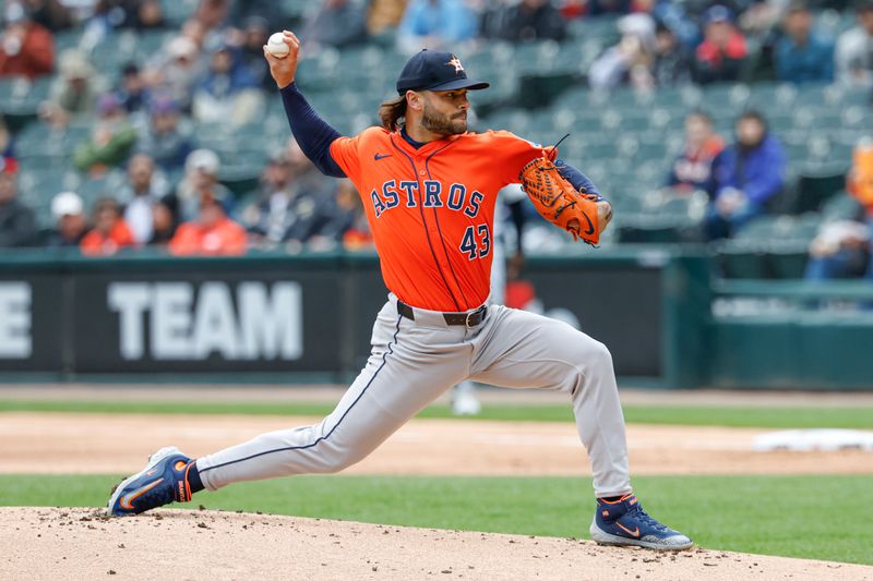 May 4, 2025; Chicago, Illinois, USA; Houston Astros starting pitcher Lance McCullers Jr. (43) delivers a pitch against the Chicago White Sox during the first inning at Rate Field. Mandatory Credit: Kamil Krzaczynski-Imagn Images