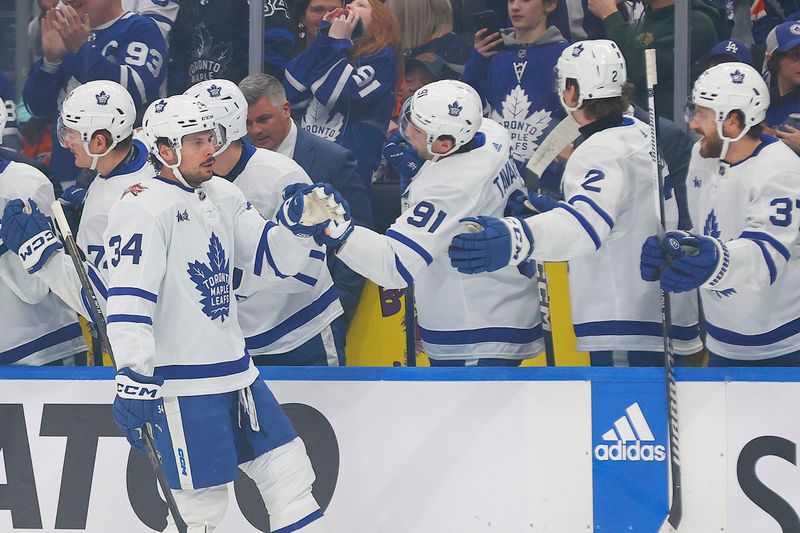 Jan 16, 2024; Edmonton, Alberta, CAN; Toronto Maple Leafs forward Auston Matthews (34) celebrates a his goal scored during the first period against the Edmonton Oilers at Rogers Place. Mandatory Credit: Perry Nelson-USA TODAY Sports