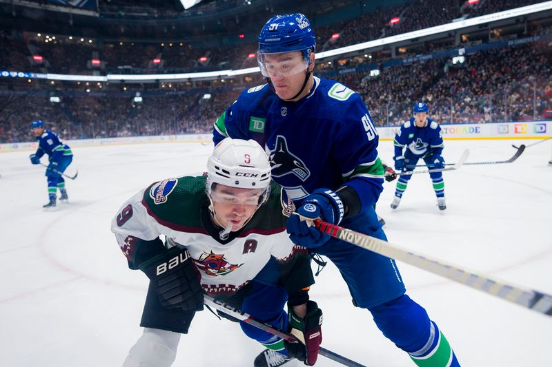 Jan 18, 2024; Vancouver, British Columbia, CAN; Vancouver Canucks defenseman Nikita Zadorov (91) checks Arizona Coyotes forward Clayton Keller (9) in the first period at Rogers Arena. Mandatory Credit: Bob Frid-USA TODAY Sports