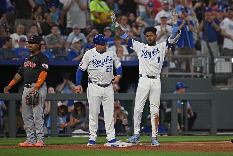 Jun 27, 2024; Kansas City, Missouri, USA;  Kansas City Royals second baseman Maikel Garcia (11) reacts after hitting a RBI triple in the sixth inning against the Cleveland Guardians at Kauffman Stadium. Mandatory Credit: Peter Aiken-USA TODAY Sports