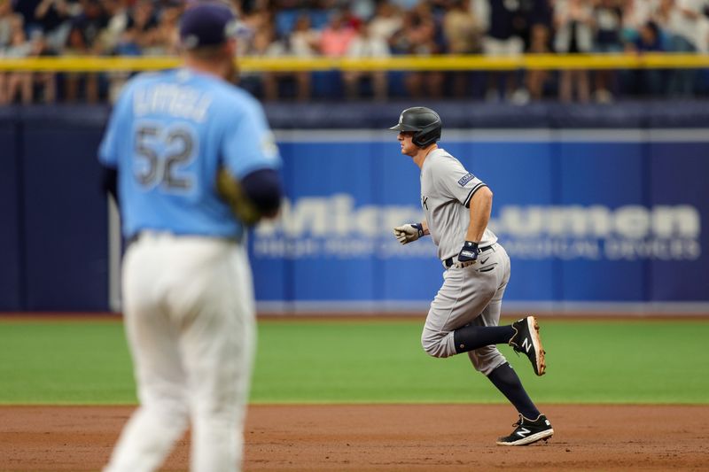 Aug 27, 2023; St. Petersburg, Florida, USA;  New York Yankees first baseman DJ LeMahieu (26) runs the bases after hitting a home run off of Tampa Bay Rays pitcher Zack Littell (52) in the third inning at Tropicana Field. Mandatory Credit: Nathan Ray Seebeck-USA TODAY Sports