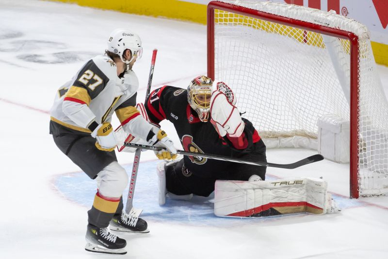 Feb 22, 2024; Ottawa, Ontario, CAN; Ottawa Senators goalie Anton Forsberg (31) makes a save on a shot from Vegas Golden Knights defenseman Shea Theodore (27) to seal the win for the Senators in a shootout at the Canadian Tire Centre. Mandatory Credit: Marc DesRosiers-USA TODAY Sports