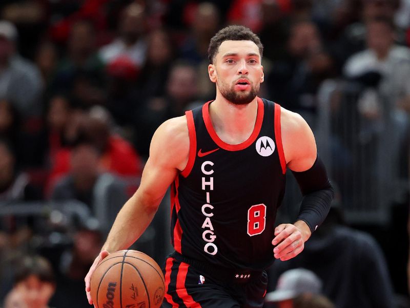 CHICAGO, ILLINOIS - NOVEMBER 03: Zach LaVine #8 of the Chicago Bulls dribbles up the court against the Brooklyn Nets in the first half of the NBA In-Season Tournament at the United Center on November 03, 2023 in Chicago, Illinois. NOTE TO USER: User expressly acknowledges and agrees that, by downloading and or using this photograph, User is consenting to the terms and conditions of the Getty Images License Agreement. (Photo by Michael Reaves/Getty Images)