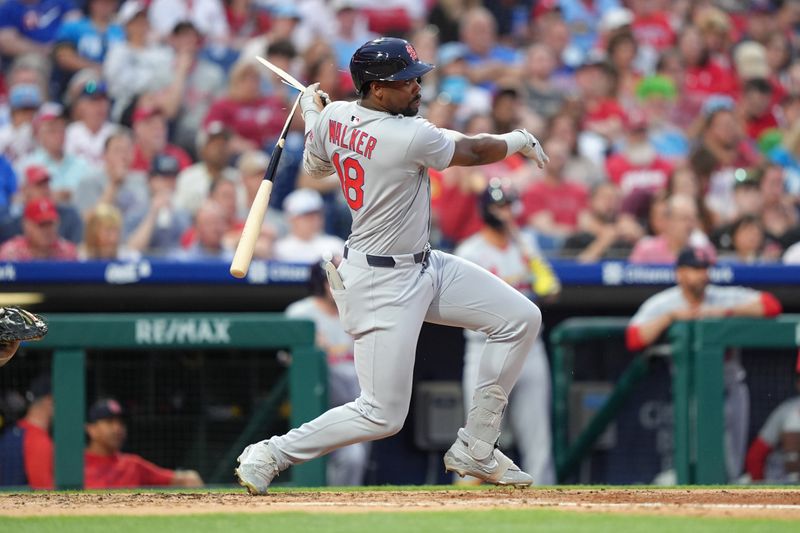 May 12, 2025; Philadelphia, Pennsylvania, USA; St. Louis Cardinals outfielder Jordan Walker (18) breaks his bat against the Philadelphia Phillies in the fourth inning at Citizens Bank Park. Mandatory Credit: Kyle Ross-Imagn Images