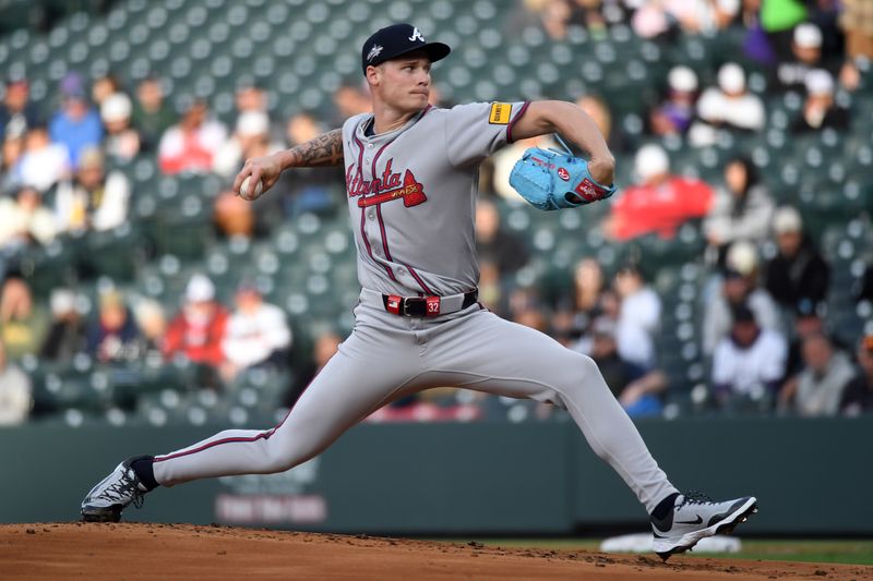 Apr 29, 2025; Denver, Colorado, USA; Atlanta Braves pitcher AJ Smith-Shawver (32) throws during the first inning against the Colorado Rockies at Coors Field. Mandatory Credit: Christopher Hanewinckel-Imagn Images
