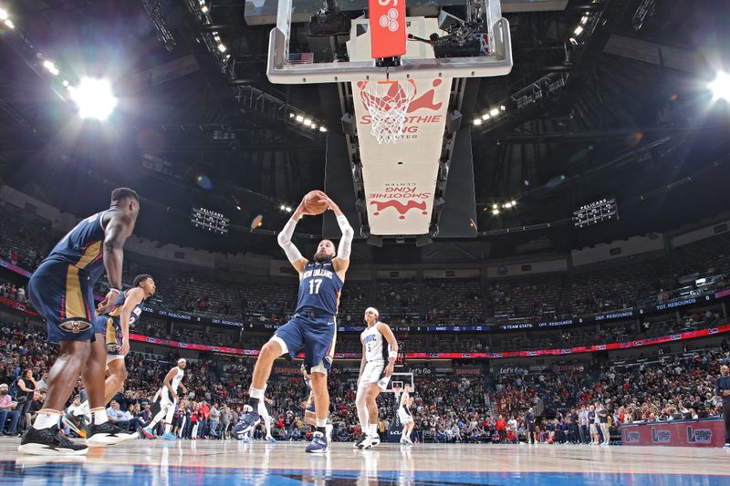 NEW ORLEANS, LA - APRIL 3:  Jonas Valanciunas #17 of the New Orleans Pelicans grabs a rebound during the game against the Orlando Magic on April 3, 2024 at the Smoothie King Center in New Orleans, Louisiana. NOTE TO USER: User expressly acknowledges and agrees that, by downloading and or using this Photograph, user is consenting to the terms and conditions of the Getty Images License Agreement. Mandatory Copyright Notice: Copyright 2024 NBAE (Photo by Layne Murdoch Jr./NBAE via Getty Images)