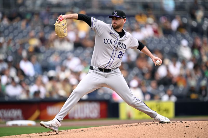 May 15, 2024; San Diego, California, USA; Colorado Rockies starting pitcher Austin Gomber (26) throws a pitch against the San Diego Padres during the first inning at Petco Park. Mandatory Credit: Orlando Ramirez-USA TODAY Sports