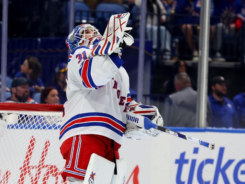 Oct 9, 2025; Buffalo, New York, USA;  New York Rangers goaltender Igor Shesterkin (31) reacts after getting a shutout against the Buffalo Sabres at KeyBank Center. Mandatory Credit: Timothy T. Ludwig-Imagn Images