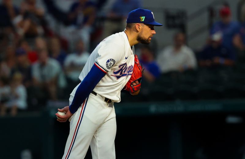 Aug 17, 2024; Arlington, Texas, USA;  Texas Rangers starting pitcher Nathan Eovaldi (17) throws  against the Minnesota Twins during the first inning  at Globe Life Field. Mandatory Credit: Kevin Jairaj-USA TODAY Sports