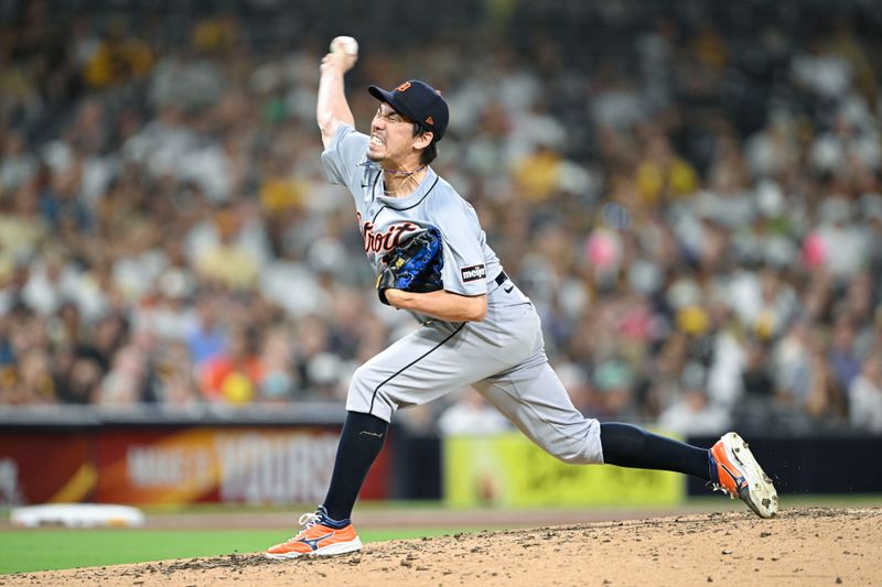 Sep 5, 2024; San Diego, California, USA; Detroit Tigers starting pitcher Kenta Maeda (18) pitches during the seventh inning against the San Diego Padres at Petco Park. Mandatory Credit: Denis Poroy-Imagn Images