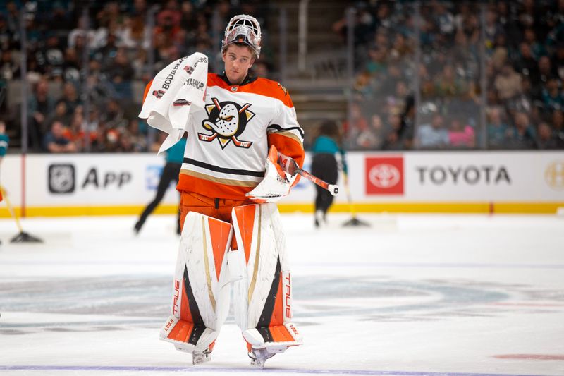 Oct 12, 2024; San Jose, California, USA; Anaheim Ducks goaltender Lukas Dostal (1) goes back to the net following a timeout against the San Jose Sharks during the second period at SAP Center at San Jose. Mandatory Credit: D. Ross Cameron-Imagn Images