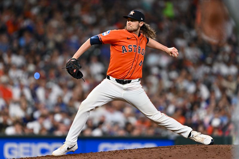 Jun 27, 2025; Houston, Texas, USA; Houston Astros pitcher Steven Okert (48) delivers a pitch in the seventh inning against the Chicago Cubs at Daikin Park. Mandatory Credit: Maria Lysaker-Imagn Images 