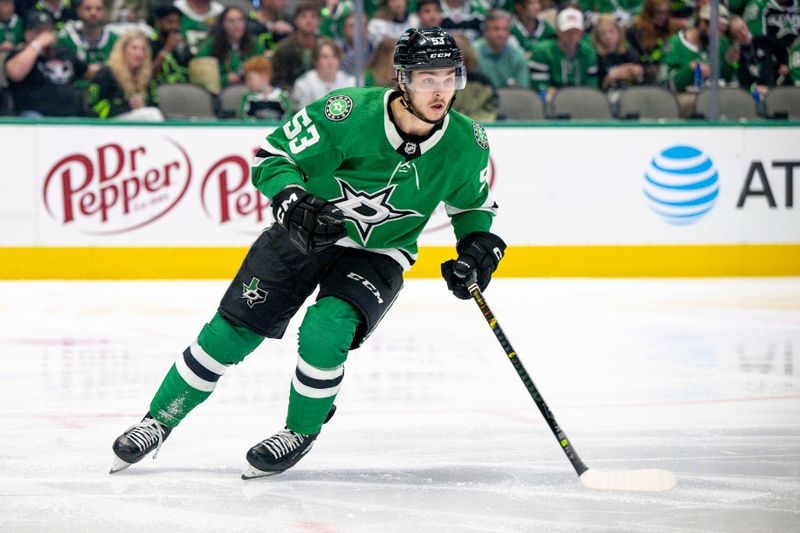 May 15, 2023; Dallas, Texas, USA; Dallas Stars center Wyatt Johnston (53) skates against the Seattle Kraken in the Seattle zone during the second period in game seven of the second round of the 2023 Stanley Cup Playoffs at the American Airlines Center. Mandatory Credit: Jerome Miron-USA TODAY Sports