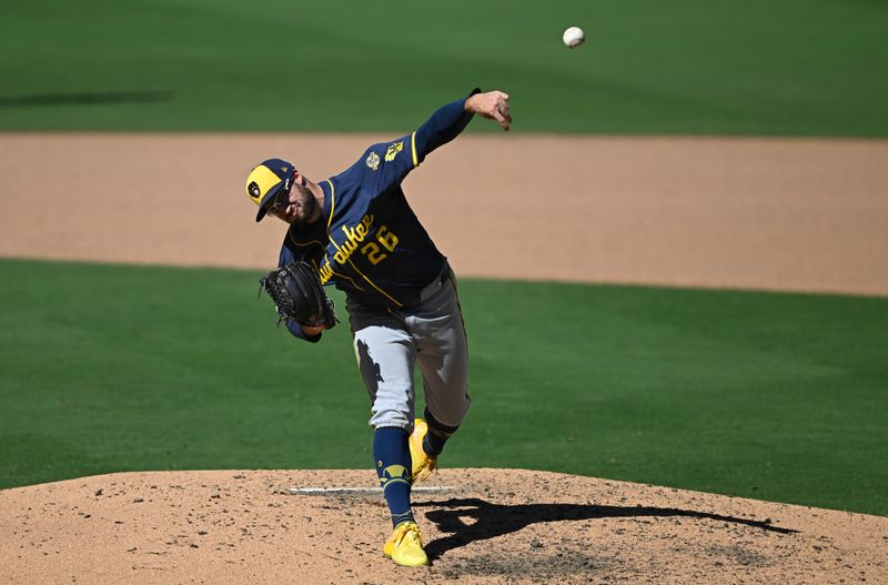 Sep 24, 2025; San Diego, California, USA; Milwaukee Brewers relief pitcher Aaron Ashby (26) delivers during the sixth inning against the San Diego Padres at Petco Park. Mandatory Credit: Denis Poroy-Imagn Images