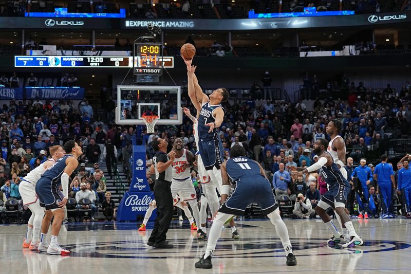 DALLAS, TX - JANUARY 11: Tip-off during the game between the New York Knicks and the Dallas Mavericks on January 11, 2024 at the American Airlines Center in Dallas, Texas. NOTE TO USER: User expressly acknowledges and agrees that, by downloading and or using this photograph, User is consenting to the terms and conditions of the Getty Images License Agreement. Mandatory Copyright Notice: Copyright 2024 NBAE (Photo by Glenn James/NBAE via Getty Images)