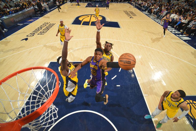 INDIANAPOLIS, IN - MARCH 29: Rui Hachimura #28 of the Los Angeles Lakers drives to the basket during the game against the Indiana Pacers on March 24, 2024 at Gainbridge Fieldhouse in Indianapolis, Indiana. NOTE TO USER: User expressly acknowledges and agrees that, by downloading and or using this Photograph, user is consenting to the terms and conditions of the Getty Images License Agreement. Mandatory Copyright Notice: Copyright 2024 NBAE (Photo by Jesse D. Garrabrant /NBAE via Getty Images)