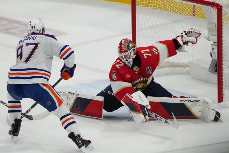 Jun 24, 2024; Sunrise, Florida, USA; Florida Panthers goaltender Sergei Bobrovsky (72) defends against Edmonton Oilers forward Connor McDavid (97) during the third period in game seven of the 2024 Stanley Cup Final at Amerant Bank Arena. Mandatory Credit: Jim Rassol-USA TODAY Sports