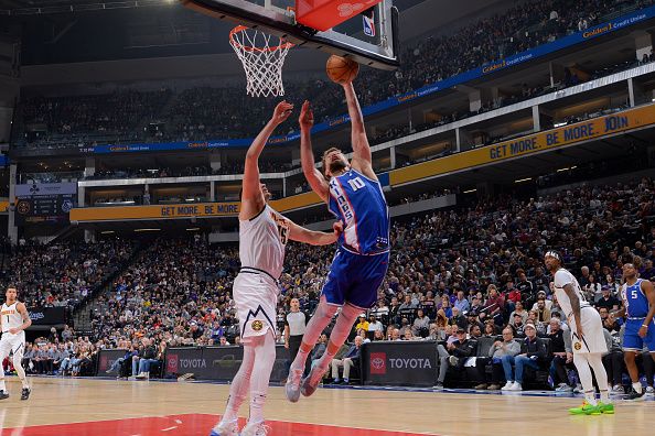 SACRAMENTO, CA - DECEMBER 2: Domantas Sabonis #10 of the Sacramento Kings shoots the ball during the game against the Denver Nuggets on December 2, 2023 at Golden 1 Center in Sacramento, California. NOTE TO USER: User expressly acknowledges and agrees that, by downloading and or using this Photograph, user is consenting to the terms and conditions of the Getty Images License Agreement. Mandatory Copyright Notice: Copyright 2023 NBAE (Photo by Rocky Widner/NBAE via Getty Images)