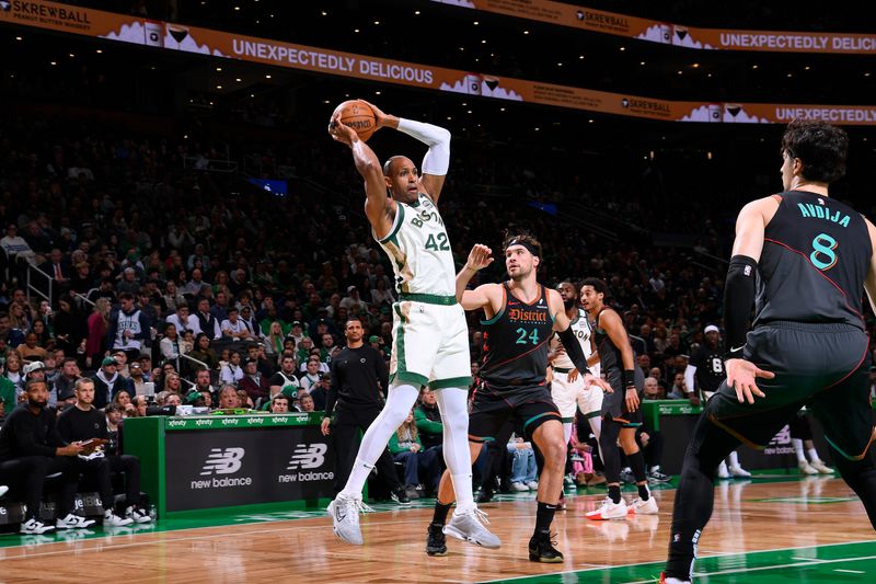 BOSTON, MA - FEBRUARY 9: Al Horford #42 of the Boston Celtics handles the ball during the game against the Washington Wizards on February 9, 2024 at the TD Garden in Boston, Massachusetts. NOTE TO USER: User expressly acknowledges and agrees that, by downloading and or using this photograph, User is consenting to the terms and conditions of the Getty Images License Agreement. Mandatory Copyright Notice: Copyright 2024 NBAE  (Photo by Brian Babineau/NBAE via Getty Images)