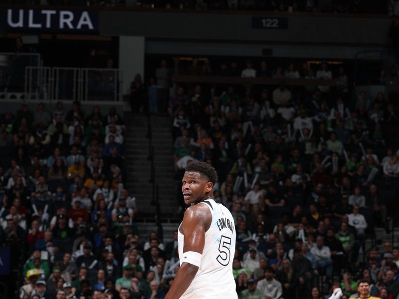 MINNEAPOLIS, MN -  MARCH  17:  Anthony Edwards #5 of the Minnesota Timberwolves  during the game against the Indiana Pacers on March 17, 2025 at Target Center in Minneapolis, Minnesota. NOTE TO USER: User expressly acknowledges and agrees that, by downloading and or using this Photograph, user is consenting to the terms and conditions of the Getty Images License Agreement. Mandatory Copyright Notice: Copyright 2025 NBAE (Photo by David Sherman/NBAE via Getty Images)