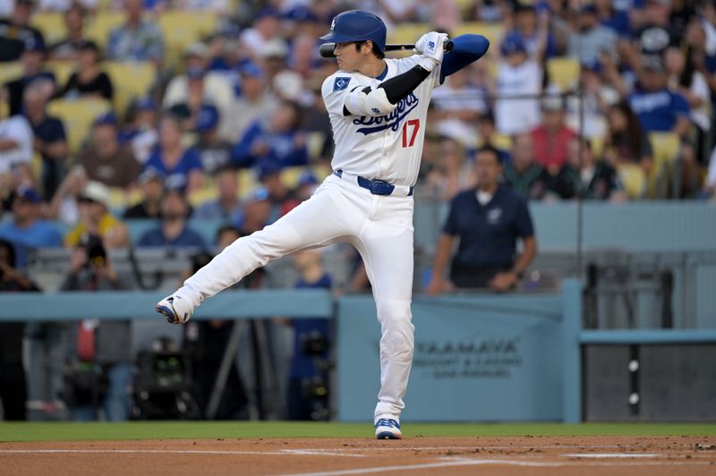 May 21, 2025; Los Angeles, California, USA; Los Angeles Dodgers designated hitter Shohei Ohtani (17) during the first inning against the Arizona Diamondbacks at Dodger Stadium. Mandatory Credit: Jayne Kamin-Oncea-Imagn Images