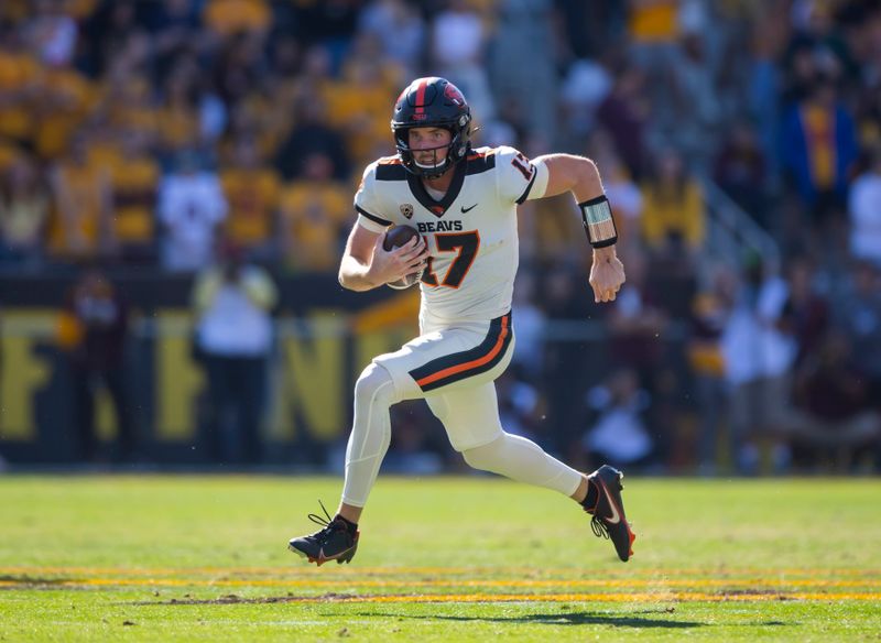 Nov 19, 2022; Tempe, Arizona, USA; Oregon State Beavers quarterback Ben Gulbranson (17) runs the ball against the Arizona State Sun Devils during the first half at Sun Devil Stadium. Mandatory Credit: Mark J. Rebilas-USA TODAY Sports