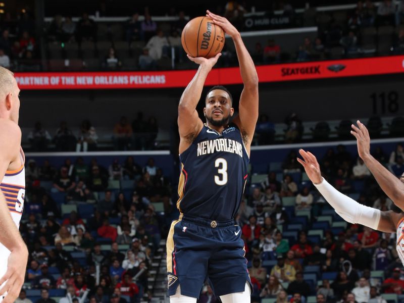 NEW ORLEANS, LA - DECEMBER 5: CJ McCollum #3 of the New Orleans Pelicans shoots a three point basket during the game against the Phoenix Suns on December 5, 2024 at the Smoothie King Center in New Orleans, Louisiana. NOTE TO USER: User expressly acknowledges and agrees that, by downloading and or using this Photograph, user is consenting to the terms and conditions of the Getty Images License Agreement. Mandatory Copyright Notice: Copyright 2024 NBAE (Photo by Layne Murdoch Jr./NBAE via Getty Images)