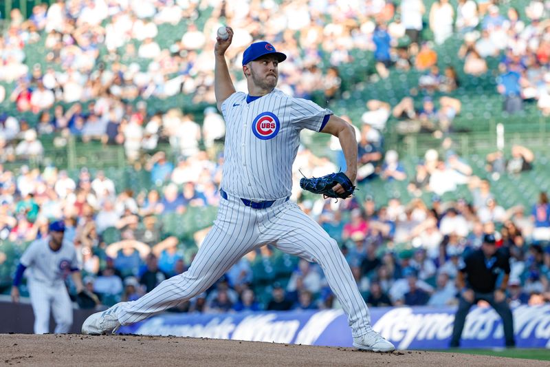 Jun 5, 2024; Chicago, Illinois, USA; Chicago Cubs starting pitcher Jameson Taillon (50) delivers a pitch against the Chicago White Sox during the first inning at Wrigley Field. Mandatory Credit: Kamil Krzaczynski-USA TODAY Sports