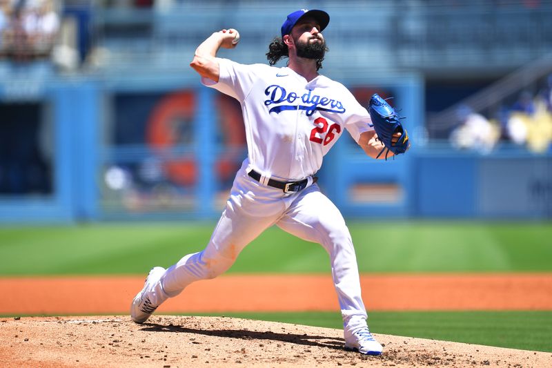 Jul 26, 2023; Los Angeles, California, USA; Los Angeles Dodgers starting pitcher Tony Gonsolin (26) throws against the Toronto Blue Jays during the second inning at Dodger Stadium. Mandatory Credit: Gary A. Vasquez-USA TODAY Sports