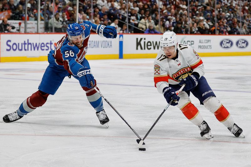 Jan 6, 2024; Denver, Colorado, USA; Florida Panthers center Evan Rodrigues (17) controls the puck under pressure fromColorado Avalanche defenseman Kurtis MacDermid (56) in the third period at Ball Arena. Mandatory Credit: Isaiah J. Downing-USA TODAY Sports