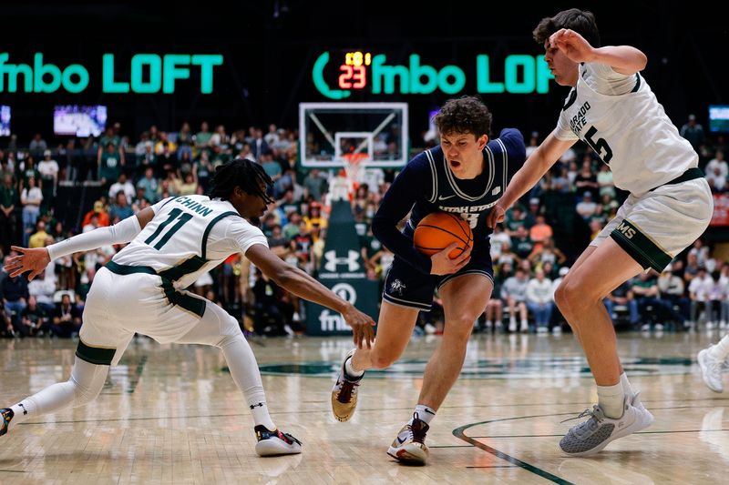 Mar 1, 2025; Fort Collins, Colorado, USA; Utah State Aggies guard Drake Allen (8) controls the ball against Colorado State Rams guard Keshawn Williams (11) and forward Kyle Jorgensen (35) in the second half at Moby Arena. Mandatory Credit: Isaiah J. Downing-Imagn Images