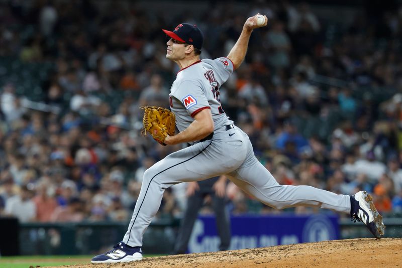 Sep 16, 2025; Detroit, Michigan, USA; Cleveland Guardians outfielder Steven Kwan (38) pitches the ninth inning against the Detroit Tigers at Comerica Park. Mandatory Credit: Rick Osentoski-Imagn Images