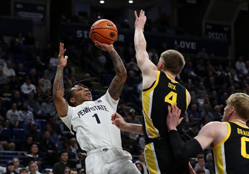 Feb 8, 2024; University Park, Pennsylvania, USA; Penn State Nittany Lions guard Ace Baldwin Jr (1) shoots the ball as Iowa Hawkeyes guard Josh Dix (4) defends during the first half at Bryce Jordan Center. Penn State defeated Iowa 89-79. Mandatory Credit: Matthew O'Haren-USA TODAY Sports