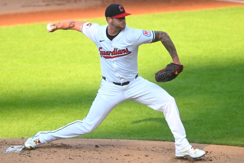 Aug 14, 2024; Cleveland, Ohio, USA; Cleveland Guardians starting pitcher Ben Lively (39) delivers a pitch in the first inning against the Chicago Cubs at Progressive Field. Mandatory Credit: David Richard-USA TODAY Sports