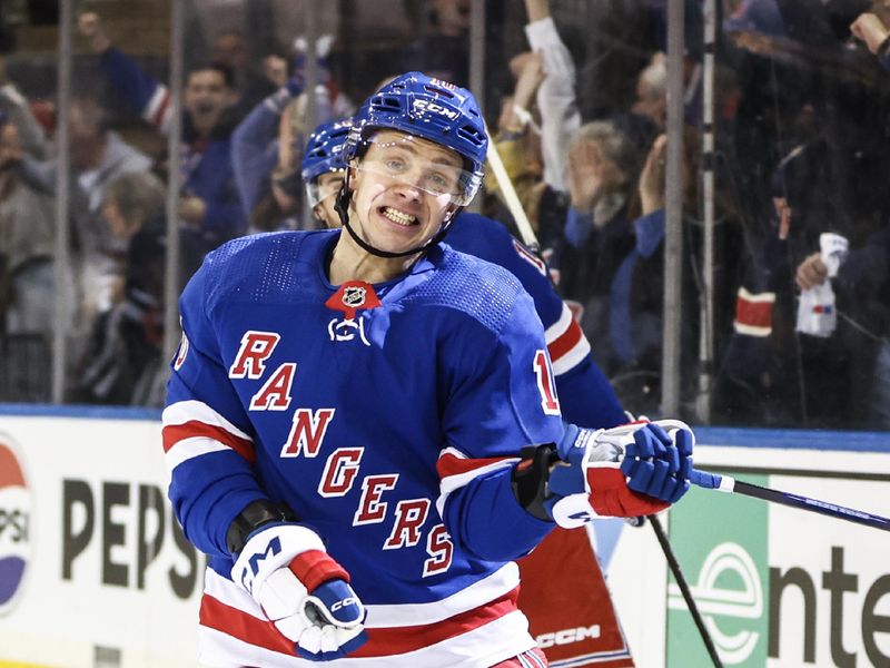 Apr 21, 2024; New York, New York, USA; New York Rangers left wing Artemi Panarin (10) celebrates after scoring a goal in the second period against the Washington Capitals in game one of the first round of the 2024 Stanley Cup Playoffs at Madison Square Garden. Mandatory Credit: Wendell Cruz-USA TODAY Sports