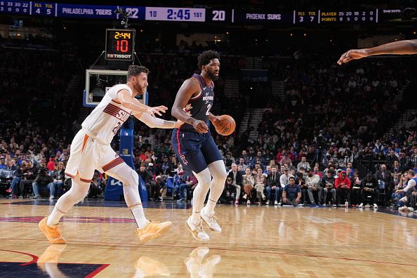 PHILADELPHIA, PA - NOVEMBER 4: Joel Embiid #21 of the Philadelphia 76ers dribbles the ball during the game against the Phoenix Suns on November 4, 2023 at the Wells Fargo Center in Philadelphia, Pennsylvania NOTE TO USER: User expressly acknowledges and agrees that, by downloading and/or using this Photograph, user is consenting to the terms and conditions of the Getty Images License Agreement. Mandatory Copyright Notice: Copyright 2023 NBAE (Photo by Jesse D. Garrabrant/NBAE via Getty Images)