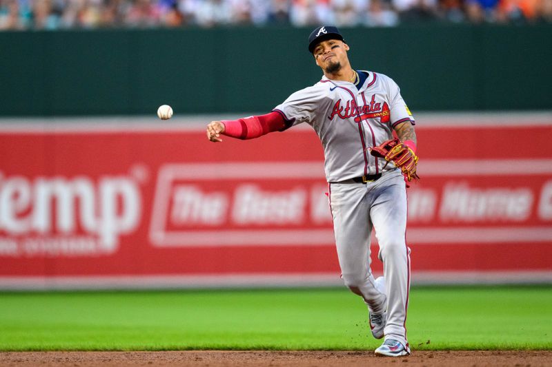 Jun 12, 2024; Baltimore, Maryland, USA; Atlanta Braves shortstop Orlando Arcia (11) throws to first base during the sixth inning against the Baltimore Orioles at Oriole Park at Camden Yards. Mandatory Credit: Reggie Hildred-USA TODAY Sports