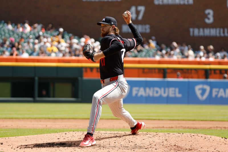 Apr 14, 2024; Detroit, Michigan, USA; Minnesota Twins pitcher Bailey Ober (17) throws during the game against the Detroit Tigers at Comerica Park. Mandatory Credit: Brian Bradshaw Sevald-USA TODAY Sports