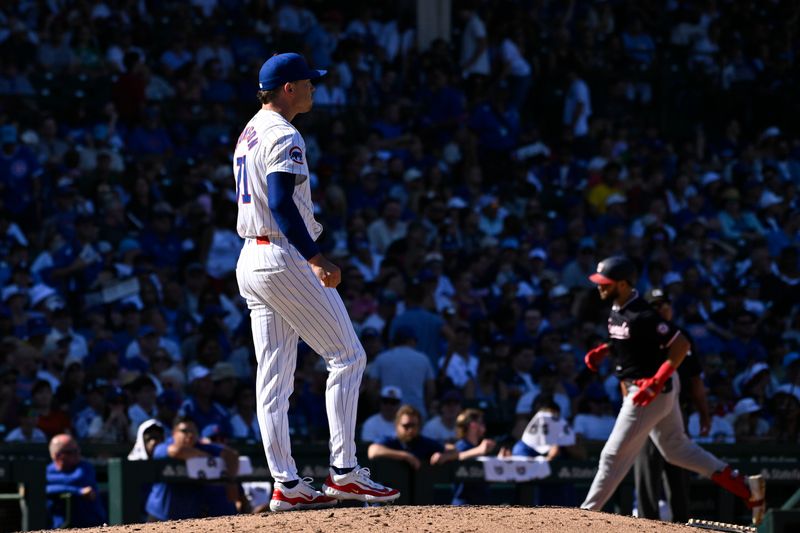 Sep 21, 2024; Chicago, Illinois, USA;  Chicago Cubs pitcher Keegan Thompson (71) looks on as Washington Nationals first baseman Joey Gallo (24) rounds the bases after he hits a three run home run during the sixth inning at Wrigley Field. Mandatory Credit: Matt Marton-Imagn Images