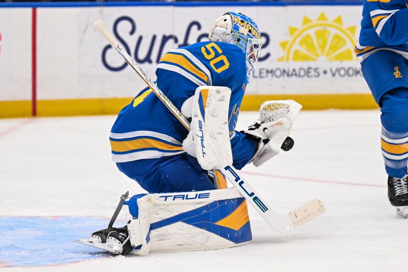 Apr 14, 2026; St. Louis, Missouri, USA; St. Louis Blues goaltender Jordan Binnington (50) makes a save against the Pittsburgh Penguins during the first period  at Enterprise Center. Mandatory Credit: Connor Hamilton-Imagn Images