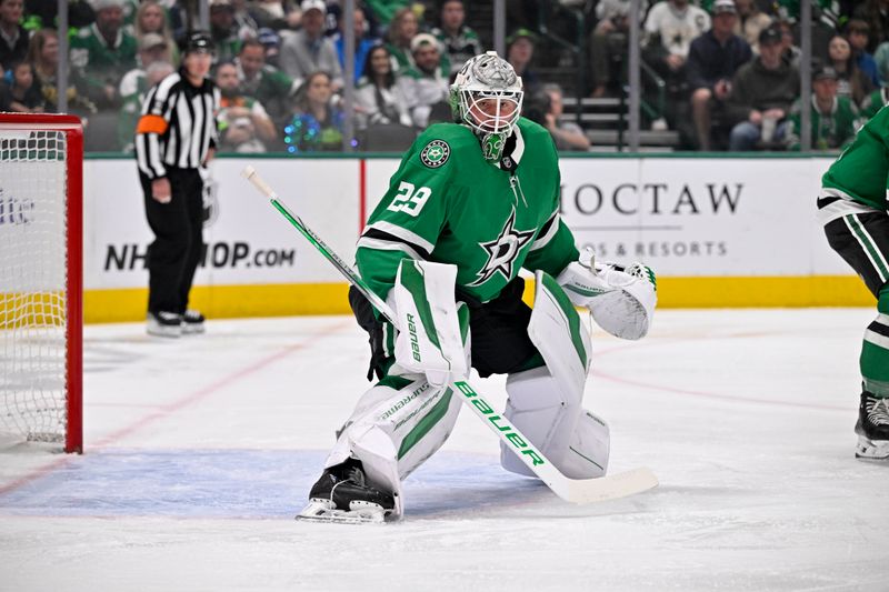 Apr 10, 2025; Dallas, Texas, USA; Dallas Stars goaltender Jake Oettinger (29) faces the Winnipeg Jets attack during the first period at the American Airlines Center. Mandatory Credit: Jerome Miron-Imagn Images