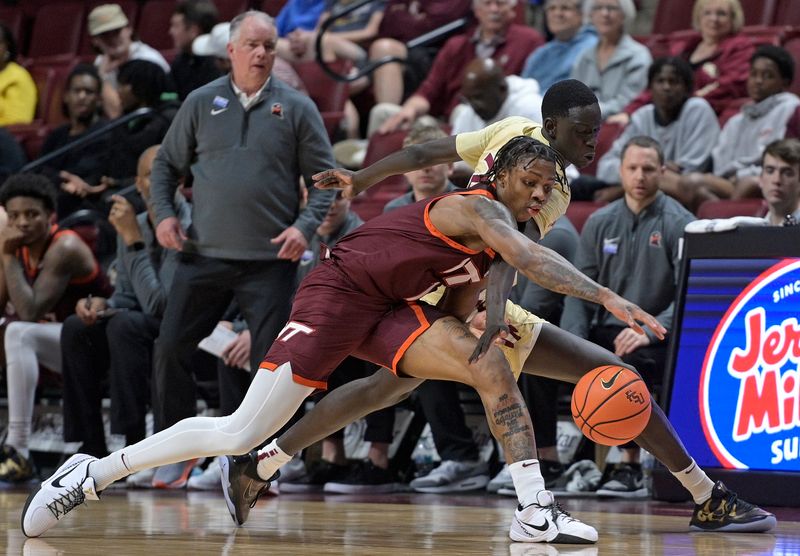 Jan 29, 2025; Tallahassee, Florida, USA; Florida State Seminoles forward Alier Maluk (21) steals the ball from Virginia Tech Hokies forward Tobi Lawal (1) during the second half at Donald L. Tucker Center. Mandatory Credit: Melina Myers-Imagn Images