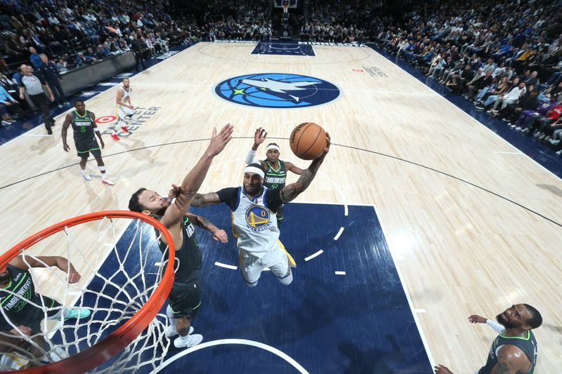 MINNEAPOLIS, MN -  MARCH 24: Gary Payton II #0 of the Golden State Warriors drives to the basket during the game against the Minnesota Timberwolves on March 24, 2024 at Target Center in Minneapolis, Minnesota. NOTE TO USER: User expressly acknowledges and agrees that, by downloading and or using this Photograph, user is consenting to the terms and conditions of the Getty Images License Agreement. Mandatory Copyright Notice: Copyright 2024 NBAE (Photo by David Sherman/NBAE via Getty Images)