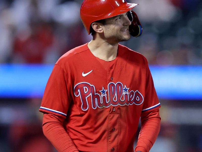 Sep 30, 2023; New York City, New York, USA; Philadelphia Phillies shortstop Trea Turner (7) reacts after being hit by a pitch during the seventh inning against the New York Mets at Citi Field. Mandatory Credit: Brad Penner-USA TODAY Sports