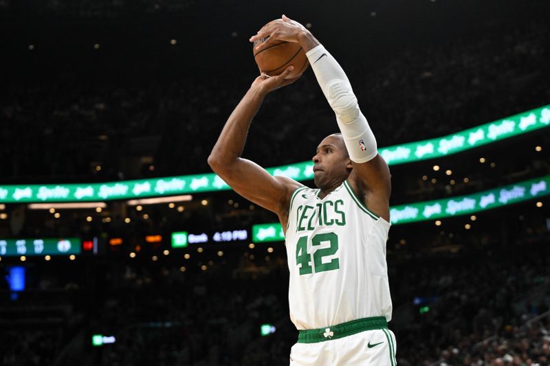 BOSTON, MASSACHUSETTS - NOVEMBER 24: Al Horford #42 of the Boston Celtics attempts a three-point basket against the Minnesota Timberwolves during the second quarter at the TD Garden on November 24, 2024 in Boston, Massachusetts. NOTE TO USER: User expressly acknowledges and agrees that, by downloading and or using this photograph, User is consenting to the terms and conditions of the Getty Images License Agreement. (Photo by Brian Fluharty/Getty Images)