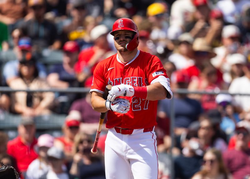 Mar 16, 2025; Tempe, Arizona, USA; Los Angeles Angels designated hitter Mike Trout against the San Diego Padres during a spring training game at Tempe Diablo Stadium. Mandatory Credit: Mark J. Rebilas-Imagn Images
