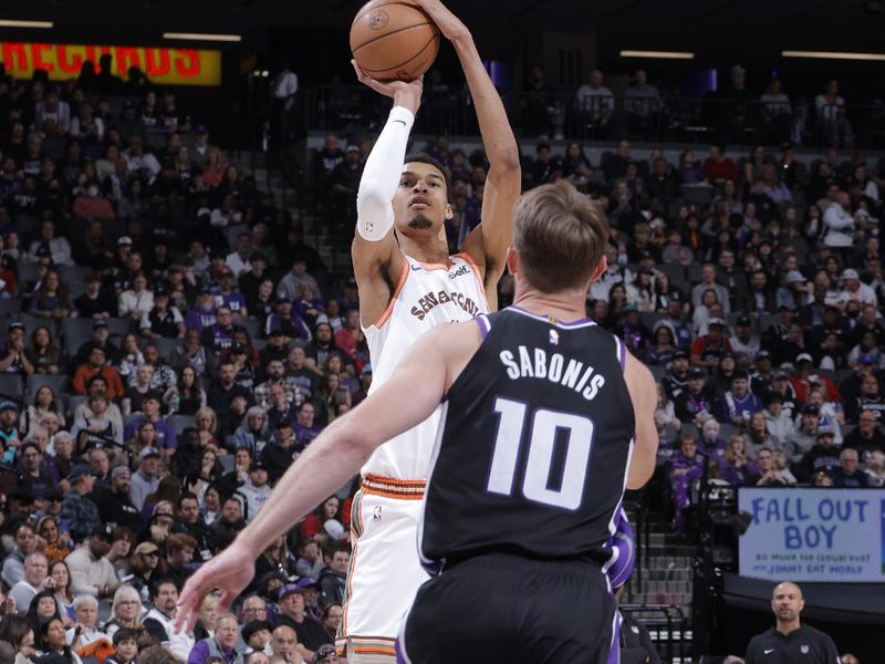 SACRAMENTO, CA - FEBRUARY 22: Victor Wembanyama #1 of the San Antonio Spurs shoots the ball during the game against the Sacramento Kings on February 22, 2024 at Golden 1 Center in Sacramento, California. NOTE TO USER: User expressly acknowledges and agrees that, by downloading and or using this Photograph, user is consenting to the terms and conditions of the Getty Images License Agreement. Mandatory Copyright Notice: Copyright 2023 NBAE (Photo by Rocky Widner/NBAE via Getty Images)